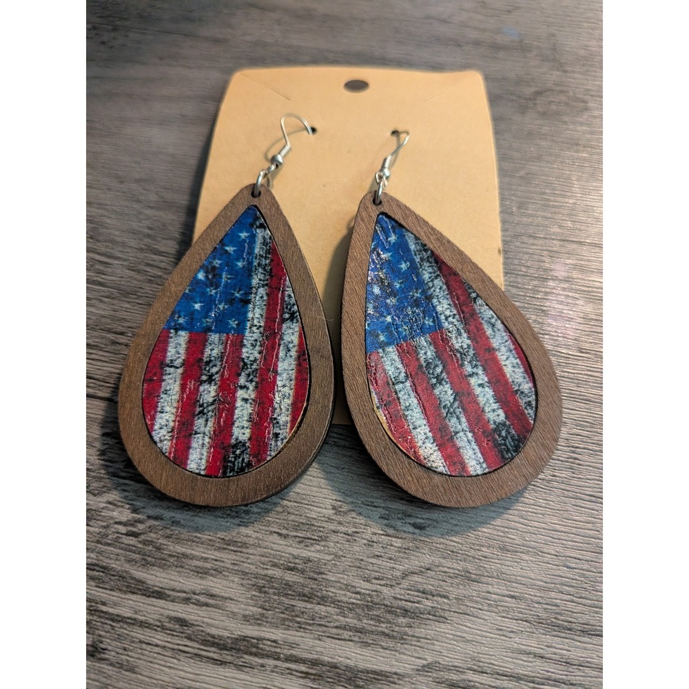 Patriotic American Flag Wood Teardrop Dangle Earrings Red White Blue Americana